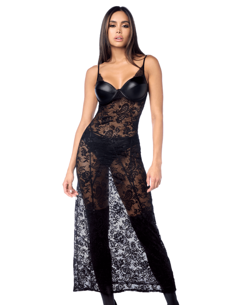 Robe longue sexy en dentelle & cuir avec string et porte-jarretelles