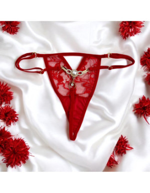 String rouge avec bijou perle & strass dorés