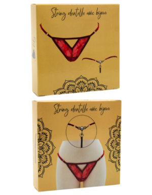 String rouge avec bijou perle & strass dorés