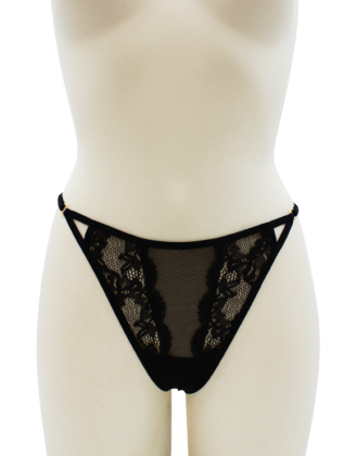 Tanga noir en dentelle avec bijou losanges dorés