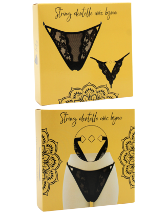 Tanga noir en dentelle avec bijou losanges dorés