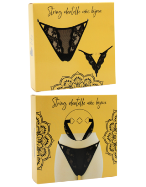 Tanga noir en dentelle avec bijou losanges dorés