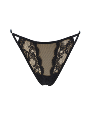 Tanga noir en dentelle avec bijou losanges dorés