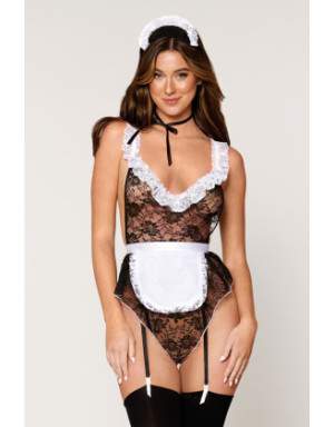 Costume soubrette, body dentelle avec porte jarretelles, tablier, coiffe et lacet satiné tour de cou