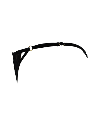 Tanga noir en dentelle avec bijou losanges dorés