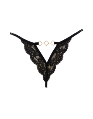 Tanga noir en dentelle avec bijou losanges dorés