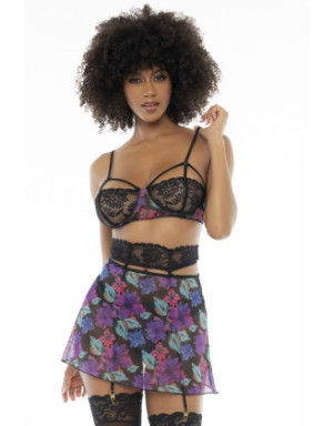 Deux-en-un, nuisette et ensemble trois pièces noir, tissu fleur exotique