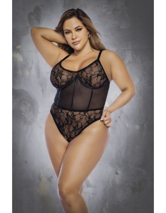 Body noir, grande taille, en résille et dentelle et laçage dans le dos
