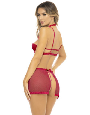 Ensemble 3 pièces rouge, soutien gorge, jupette et string