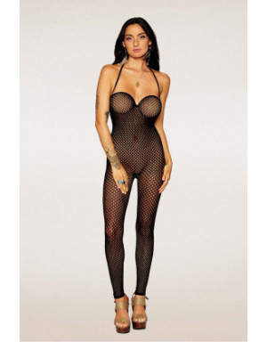 Bodystocking en résille noire, sans couture, avec large décolleté à armature