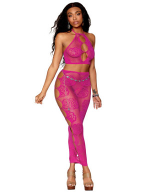 Ensemble Soutien-gorge et jupe longue en filet rose