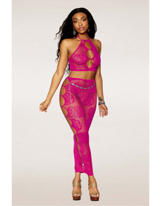 Ensemble Soutien-gorge et jupe longue en filet rose