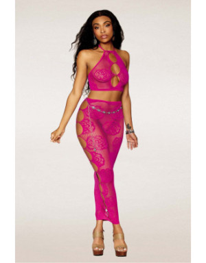 Ensemble Soutien-gorge et jupe longue en filet rose