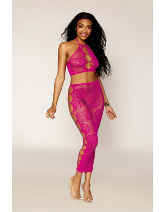 Ensemble Soutien-gorge et jupe longue en filet rose