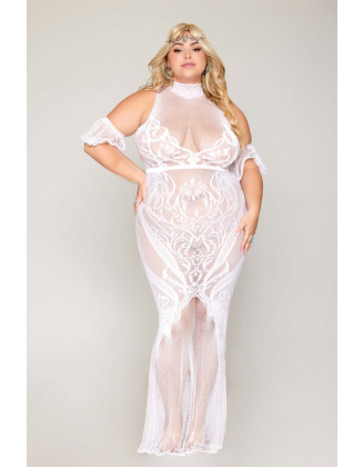 Robe bodystocking, grande taille, en résille t dentelle blanche