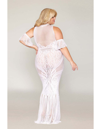 Robe bodystocking, grande taille, en résille t dentelle blanche