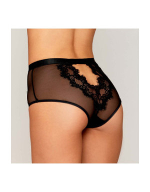 Culotte en résille et dentelle noire avec jarretelles roses