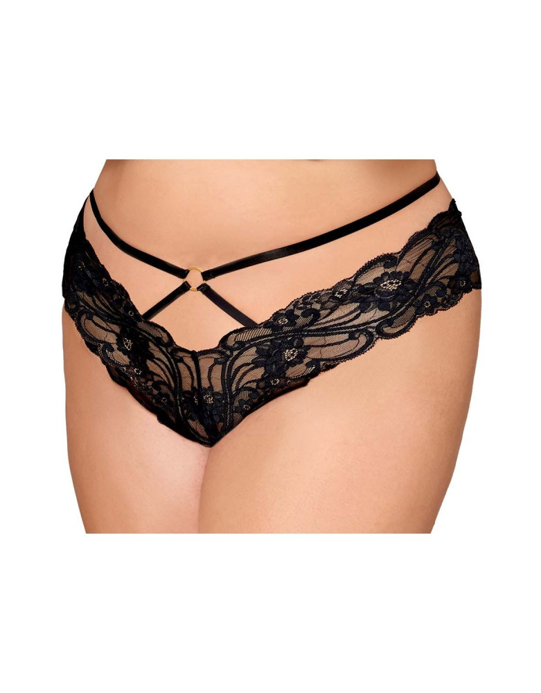 Culotte en dentelle noire, grande taille, avec lanières et chaines dorées