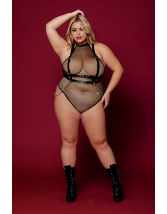 Body en résille, grande taille, avec Harnais simili cuir et chaines