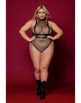 Body en résille, grande taille, avec Harnais simili cuir et chaines
