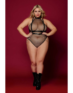 Body en résille, grande taille, avec Harnais simili cuir et chaines