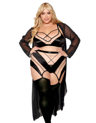 Ensemble grande taille avec Soutien-gorge, jupe porte-jarretelles, string