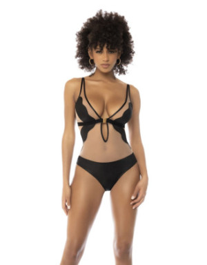 Body Flora noir et chair, avec une fine résille transparente, bretelles ajustables