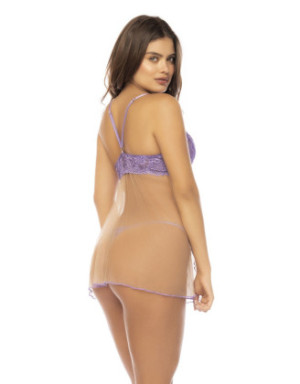 Babydoll couleur lavande et chair Verona, en dentelle et résille transparente