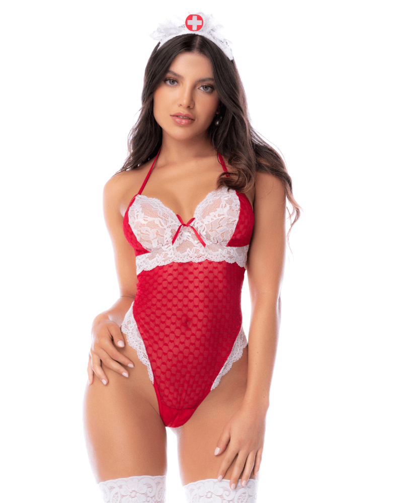 Body infirmière noir en maille et dentelle avec accessoire tête – Mapalé