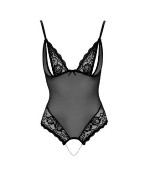 Body string en dentelle et résille noire avec perles à l'entrejambe