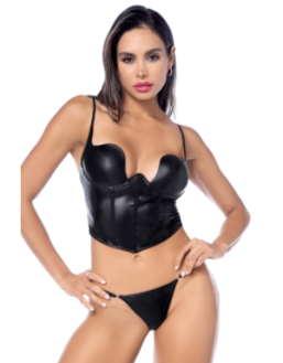 Ensemble sexy 2 pièces noir en similicuir avec bustier à armatures