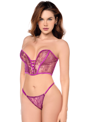 Ensemble sexy 2 pièces bustier & string en dentelle satinée