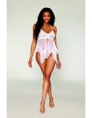 Babydoll et string en résille et dentelle blanche