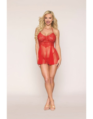 Nuisette rouge en résille et dentelle florale, string assorti