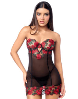 Babydoll sexy à armatures Mapalé broderie roses et string