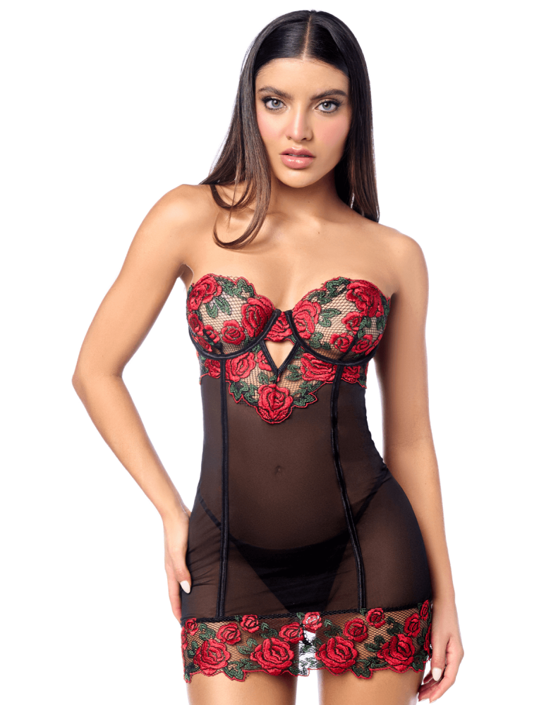 Babydoll sexy à armatures Mapalé broderie roses et string