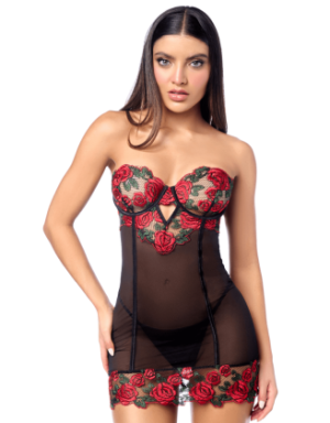 Babydoll sexy à armatures Mapalé broderie roses et string