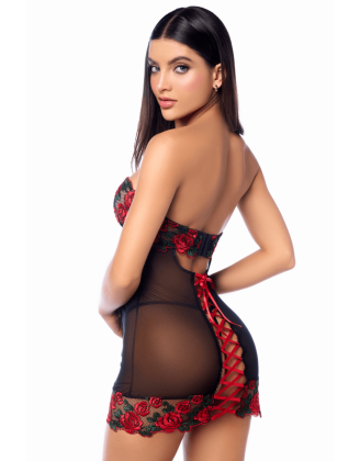 Babydoll sexy à armatures Mapalé broderie roses et string