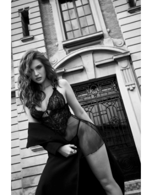 Nuisette transparente noire en résille et dentelle avec string - Mapalé