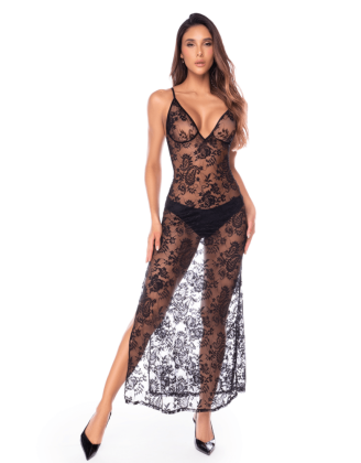 Nuisette transparente noire en dentelle avec décolleté plongeant et fentes latérales - Mapalé