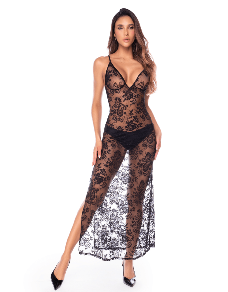 Nuisette transparente noire en dentelle avec décolleté plongeant et fentes latérales - Mapalé