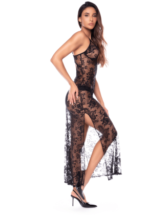Nuisette transparente noire en dentelle avec décolleté plongeant et fentes latérales - Mapalé