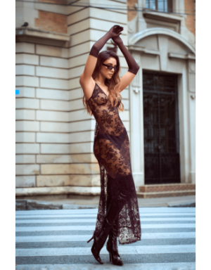 Nuisette transparente noire en dentelle avec décolleté plongeant et fentes latérales - Mapalé