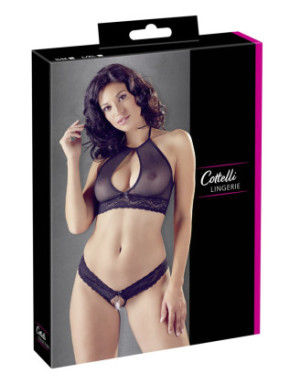 Soutien-gorge bandeau, en dentelle et résille noire et string ouvert