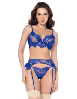Ensemble sexy 3 pièces bleu intense avec dentelle effet cils