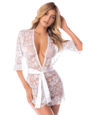 Kimono blanc en dentelle florale transparente avec ceinture – Mapalé