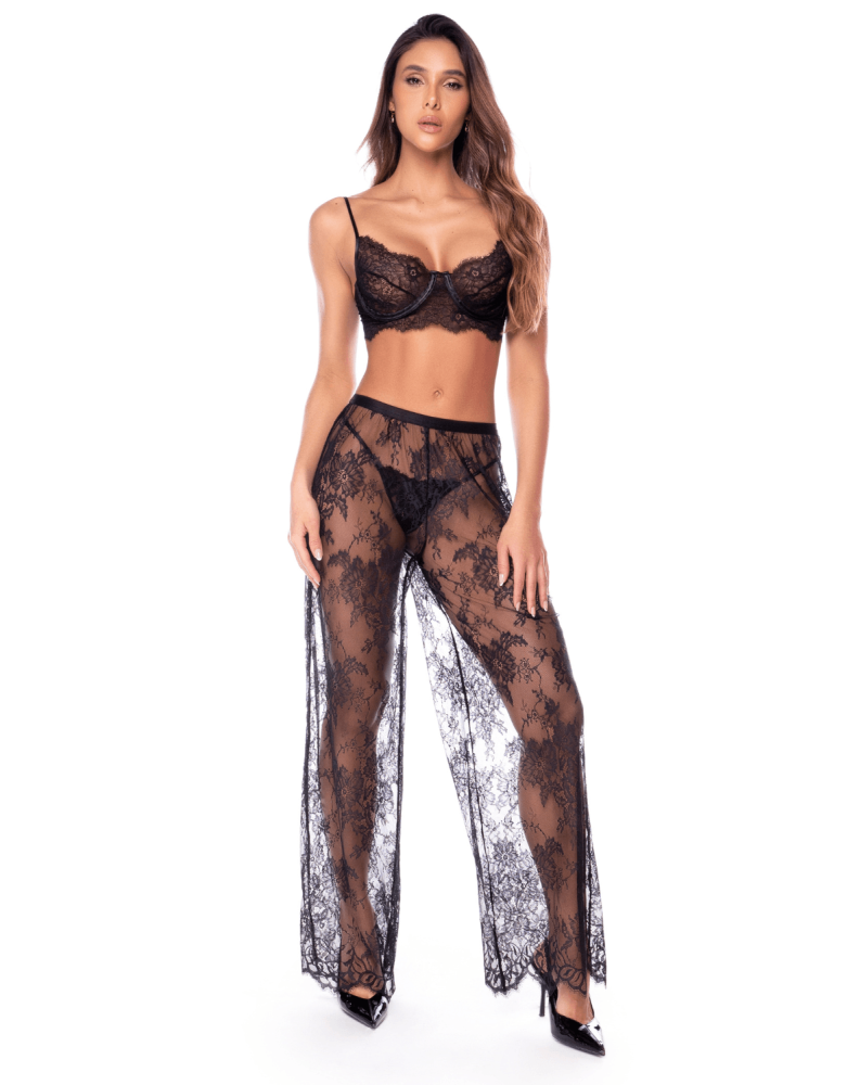 Ensemble 3 pièces en dentelle noire avec pantalon transparent - Mapalé