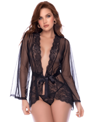 Peignoir transparent noir en résille plumetis et dentelle avec string - Mapalé