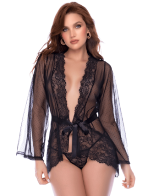 Peignoir transparent noir en résille plumetis et dentelle avec string - Mapalé