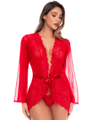 Peignoir transparent rouge en résille plumetis et dentelle avec string - Mapalé